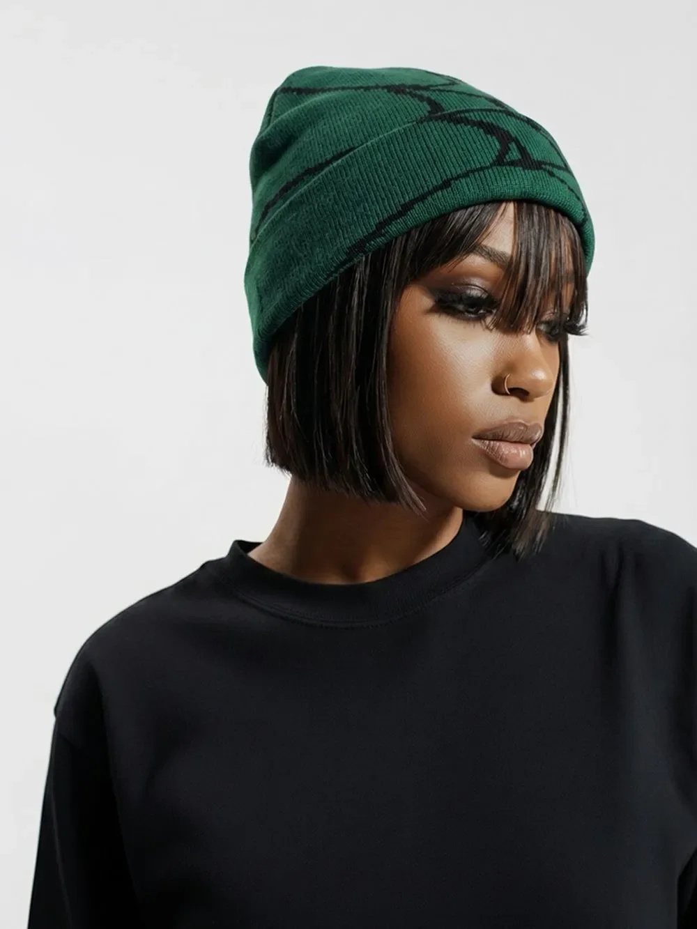 NEW Y2K Green and Black Spider Web Patterned Beanie